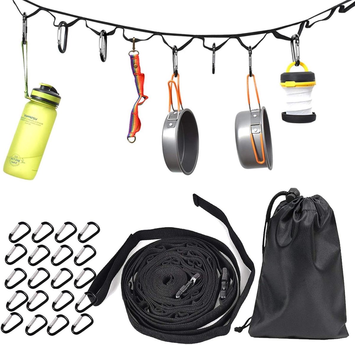 JGS Premium - Camping touw riem 45m met 19 karabijnhaken voor kamperen en wandelen outdoor tent accessoires - Draagbaar en handig touw met haken om kampeerspullen op te hangen