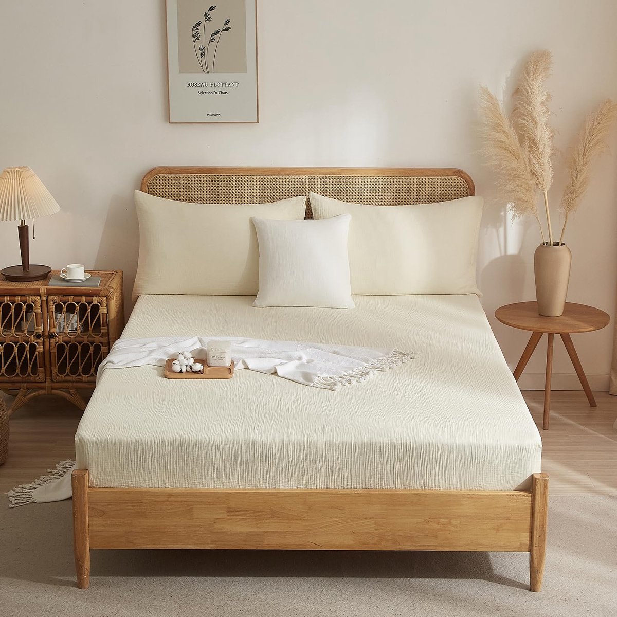 Ibenzoa Zacht en Ademend Muslin Katoenen Hoeslaken voor Boxspringbedden, 180x200 cm, Beige