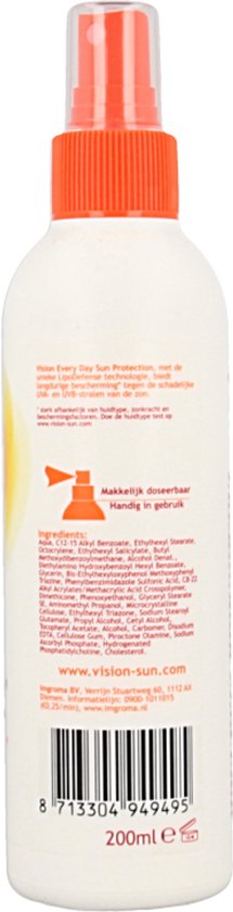 Achterkant van Vision zonnebrandspray met ingrediënten en gebruiksaanwijzing.