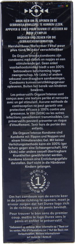 Achterkant van een doosje Durex Orgasm Intense condooms met logo's en tekst.