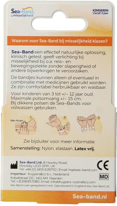 Achterkant verpakking Sea-Band. Informatie over gebruik en samenstelling. Met illustratie van polsband applicatie.