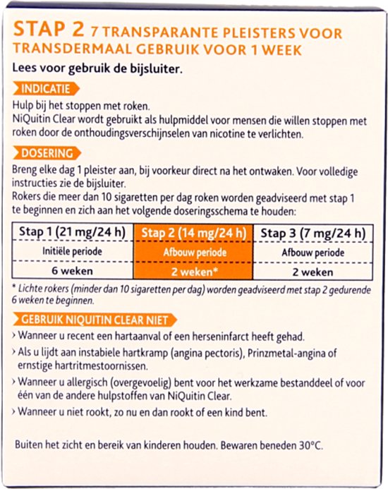 NiQuitin Clear Pleister Stap 2 - 14 mg/24 uur - Nicotinepleister - Stoppen met roken - 7 stuks