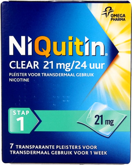 NiQuitin Clear pleister verpakking, stap 1, 21 mg/24 uur, met 7 transparante pleisters.