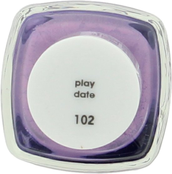 Bovenaanzicht van Essie nagellakflesje, kleur 'play date', nummer 102, in lila.