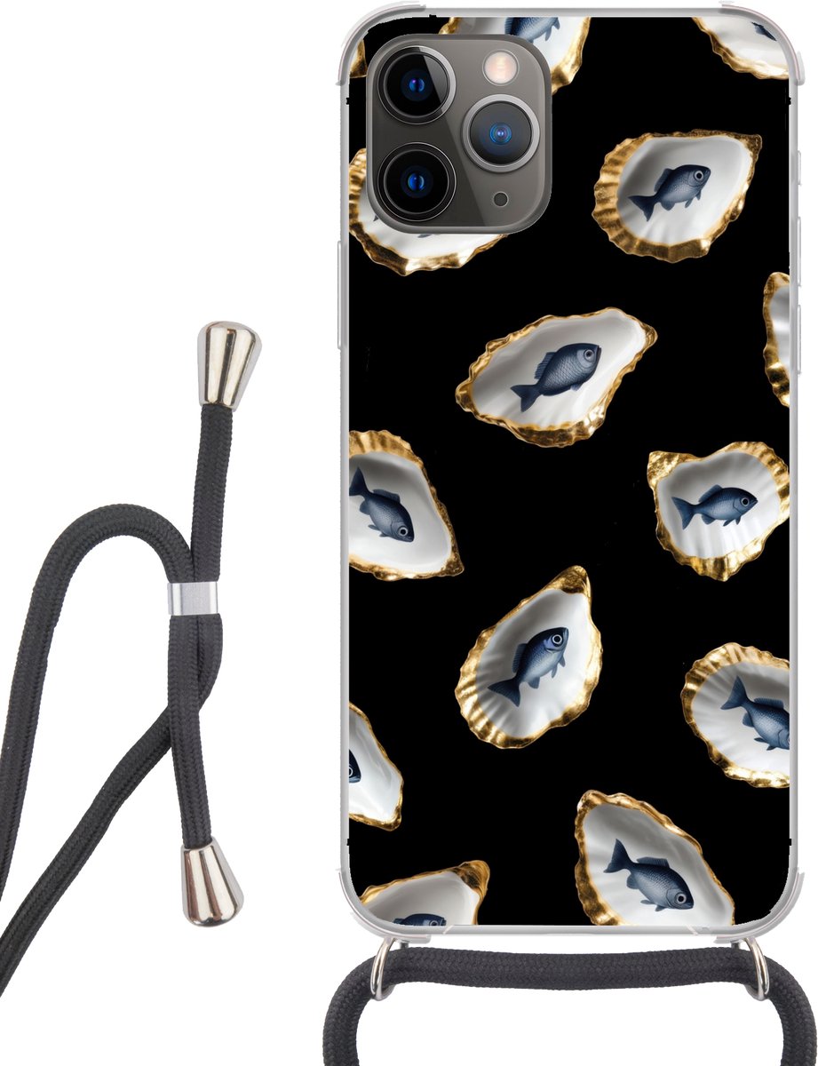 Telefoonhoesje Geschikt voor iPhone 12 pro crossbody - Oesters - Vissen - Blauw - Goud - Siliconen - Crossbody - Backcover met Koord - Telefoonhoesje met koord - Hoesje met touw Telefoonhoesje