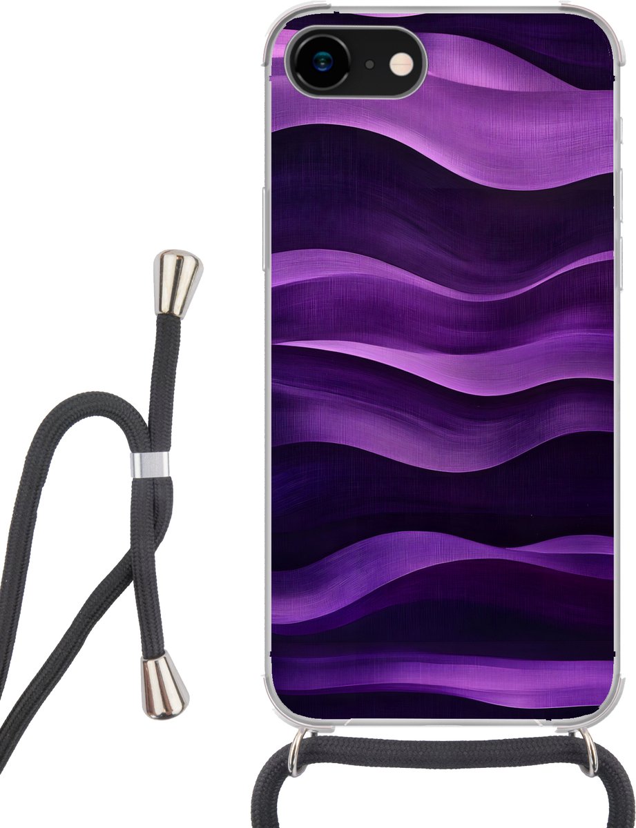 Telefoonhoesje Geschikt voor iPhone SE 2020 - Golven - Abstract - Paars - Siliconen - Crossbody - Backcover met Koord - Telefoonhoesje met koord - Hoesje met touw Telefoonhoesje