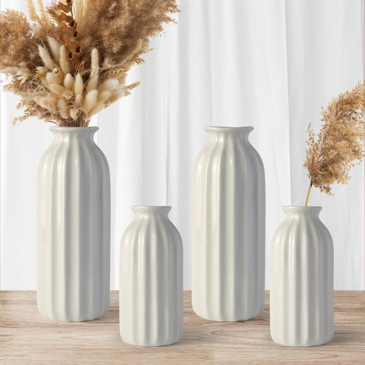 Ibenzoa Elegante Geribbelde Keramische Vazen Set voor Diverse Huisdecoraties, 4 Stuks Wit