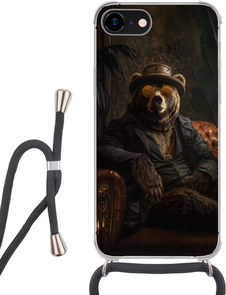 Telefoonhoesje Geschikt voor iPhone SE 2020 - Beer - Bruin - Pak - Hoed - Siliconen - Crossbody - Backcover met Koord - Telefoonhoesje met koord - Hoesje met touw Telefoonhoesje