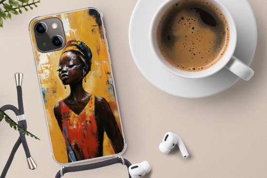 Telefoonhoesje Geschikt voor iPhone 13 Mini - Vrouw - Ogen - Penseelstreken - Geel - Siliconen - Crossbody - Backcover met Koord - Telefoonhoesje met koord - Hoesje met touw Telefoonhoesje
