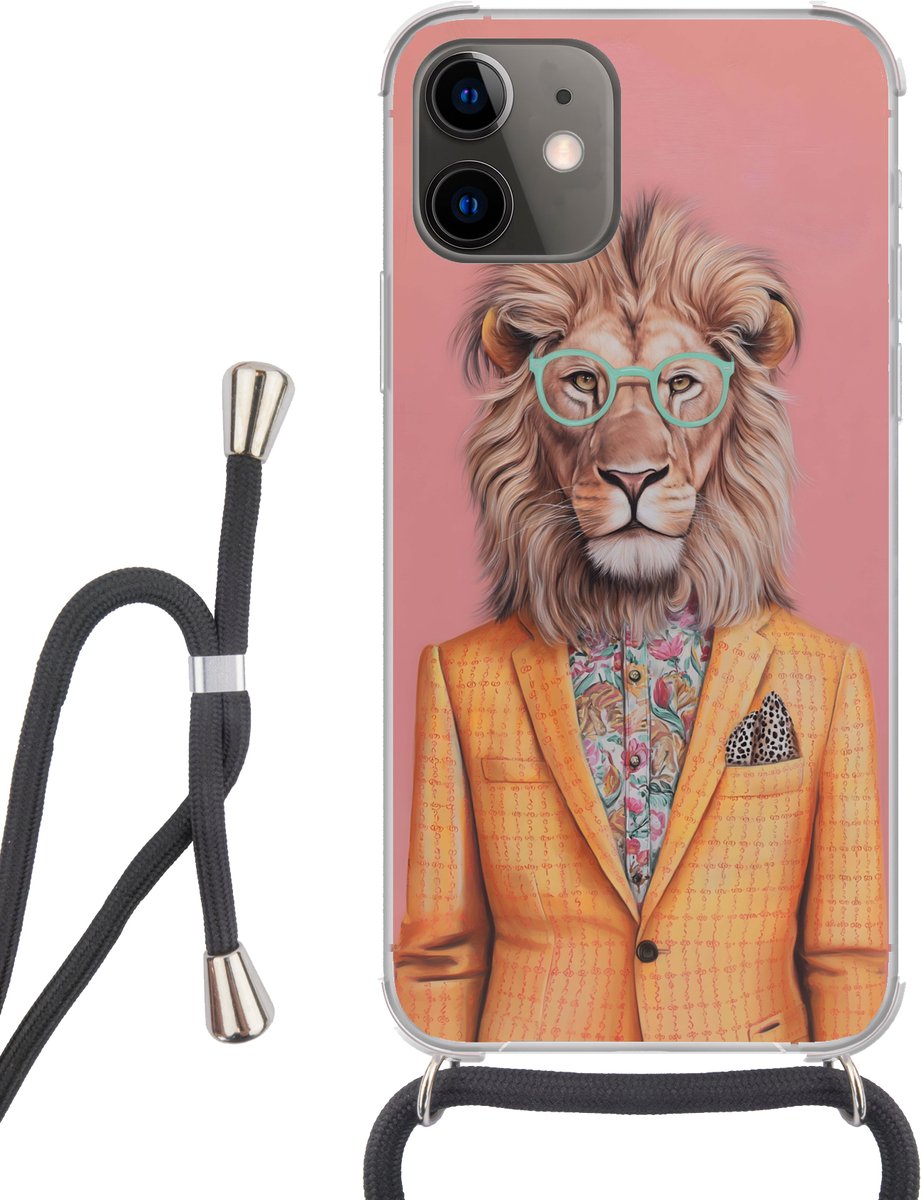 Telefoonhoesje Geschikt voor iPhone 11 - Leeuw - Pak - Geruit - Bril - Siliconen - Crossbody - Backcover met Koord - Telefoonhoesje met koord - Hoesje met touw Telefoonhoesje