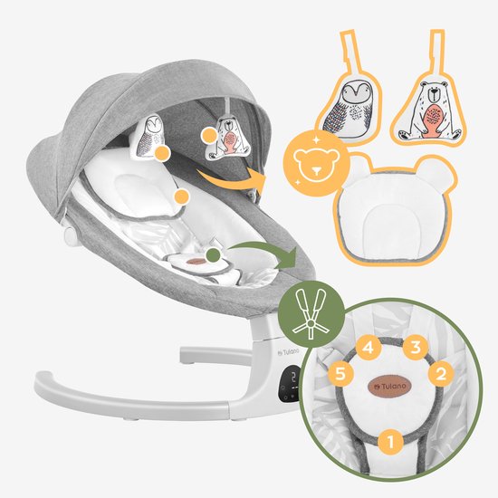 Tulano Astrid 35 Elektrische Babywipstoel met Muziek, Bluetooth, Timer, Bewegingssensor en Afstandsbediening - Inclusief Kussen, Speeltjes, Kap en Klamboe - Grijs/Wit van Merkloos — afbeelding 2