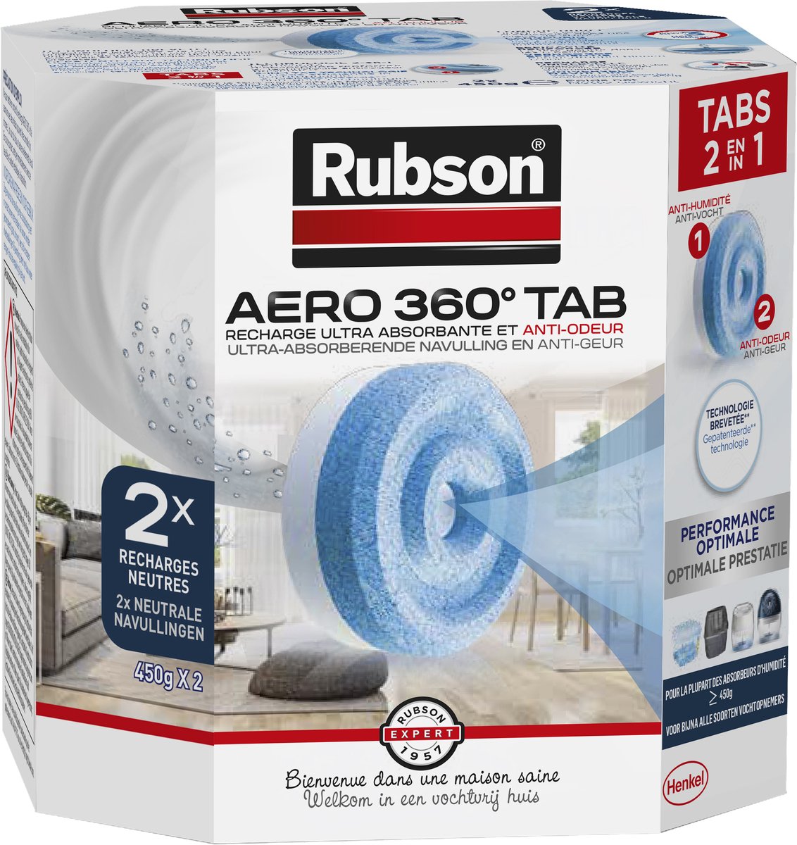 Rubson AERO 360 Navullingen Neutral 2 Stuks | Luchtontvochtiger Navul Tabs | Vochtopnemer