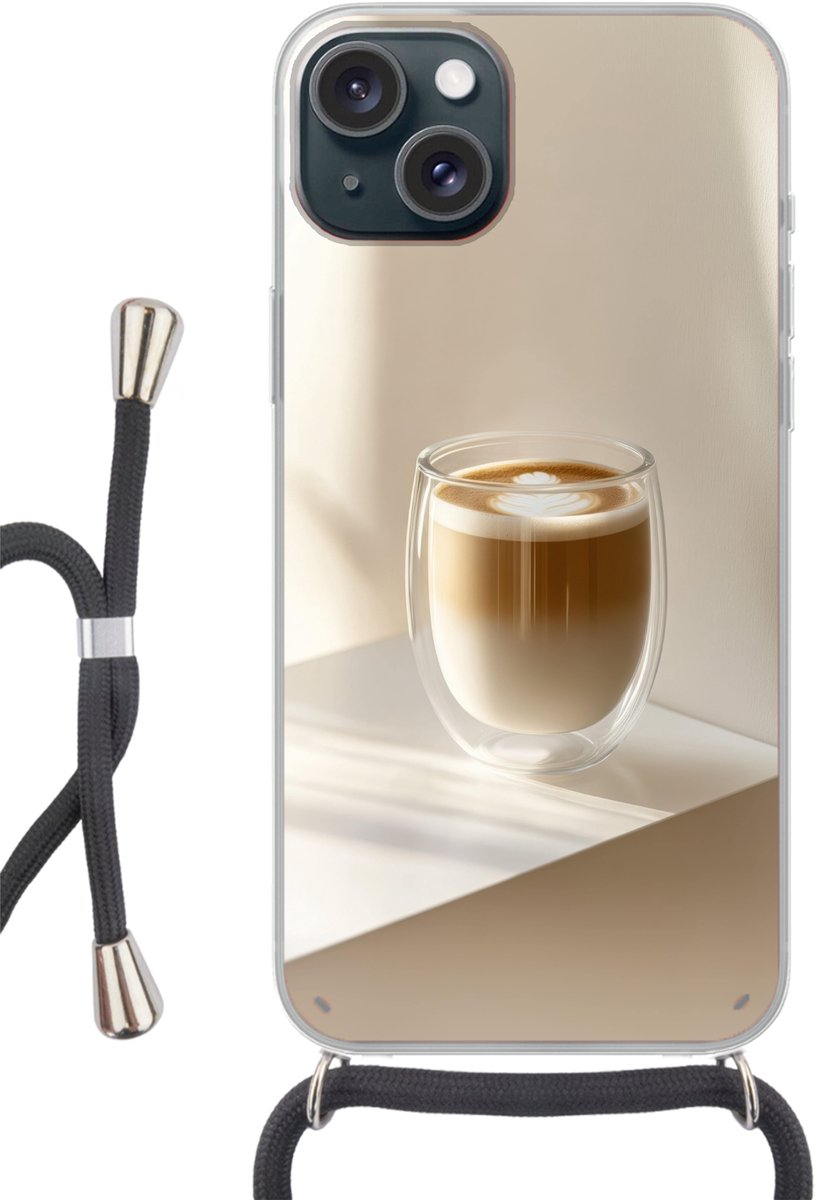 Telefoonhoesje Geschikt voor iPhone 15 - Mok - Latte - Minimalistisch - Schaduw - Siliconen - Crossbody - Backcover met Koord - Telefoonhoesje met koord - Hoesje met touw Telefoonhoesje