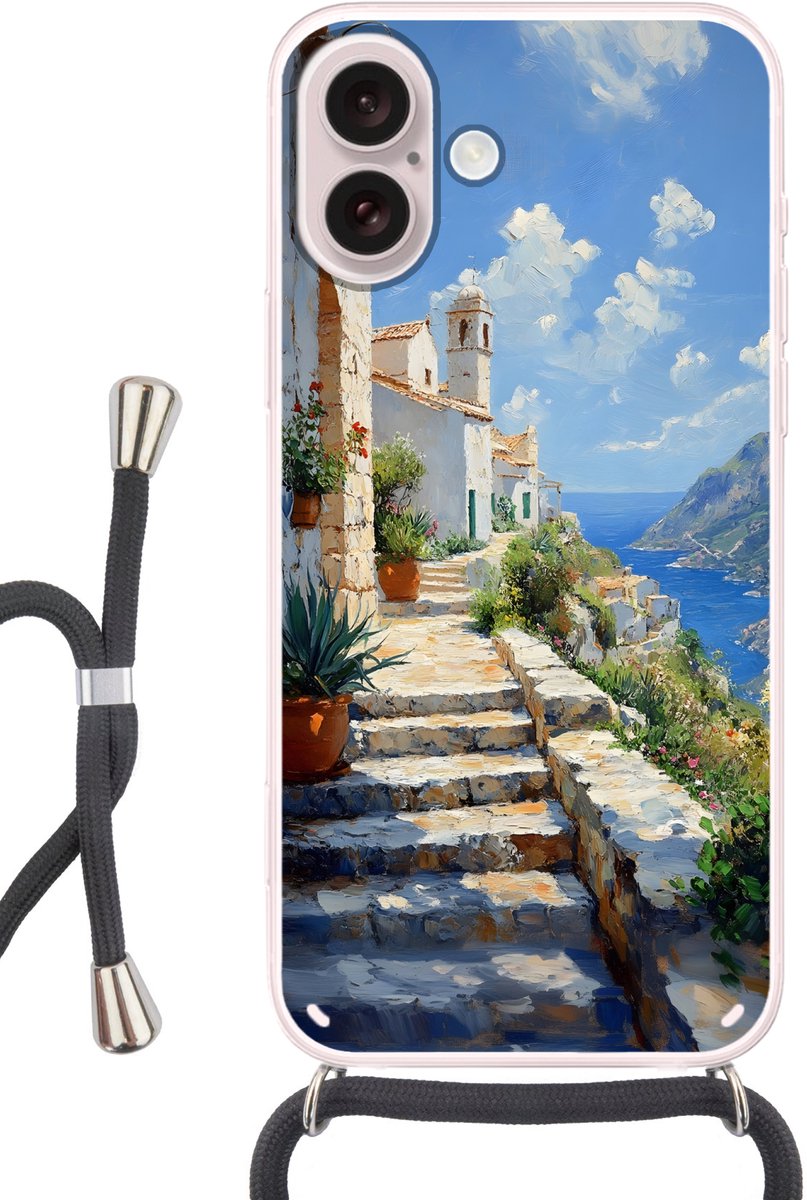 Telefoonhoesje Geschikt voor iPhone 16 - Trap - Huizen - Berglandschap - Zee - Siliconen - Crossbody - Backcover met Koord - Telefoonhoesje met koord - Hoesje met touw Telefoonhoesje