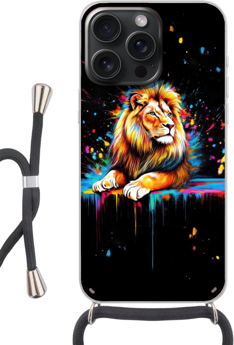 Telefoonhoesje Geschikt voor iPhone 15 Pro - Leeuw - Kleurrijk - Spetters - Siliconen - Crossbody - Backcover met Koord - Telefoonhoesje met koord - Hoesje met touw Telefoonhoesje