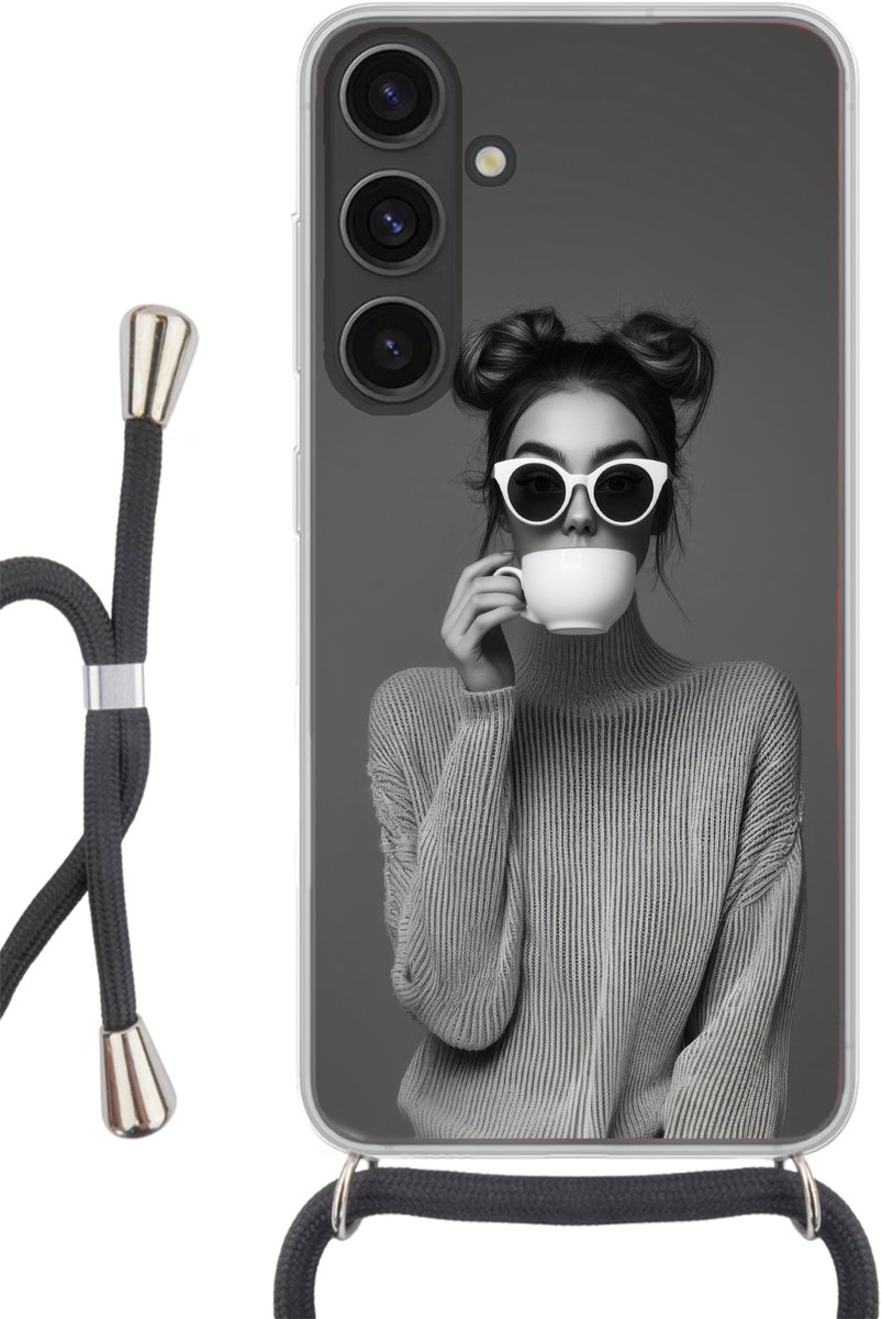 Telefoonhoesje Geschikt voor Samsung Galaxy S24 Plus - Vrouw - Koffie - Zwart - Wit - Siliconen - Crossbody - Backcover met Koord - Telefoonhoesje met koord - Hoesje met touw Telefoonhoesje