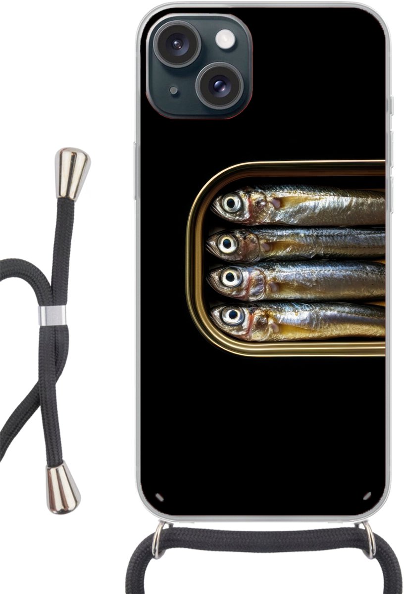 Telefoonhoesje Geschikt voor iPhone 15 - Sardines - Blik - Zwart - Vissen - Siliconen - Crossbody - Backcover met Koord - Telefoonhoesje met koord - Hoesje met touw Telefoonhoesje