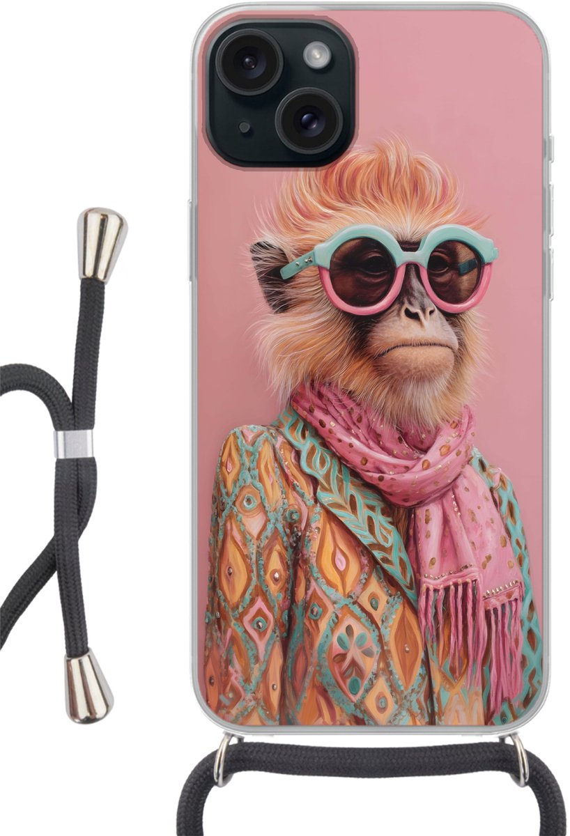 Telefoonhoesje Geschikt voor iPhone 15 Plus - Sjaal - Aap - Zonnebril - Jasje - Siliconen - Crossbody - Backcover met Koord - Telefoonhoesje met koord - Hoesje met touw Telefoonhoesje