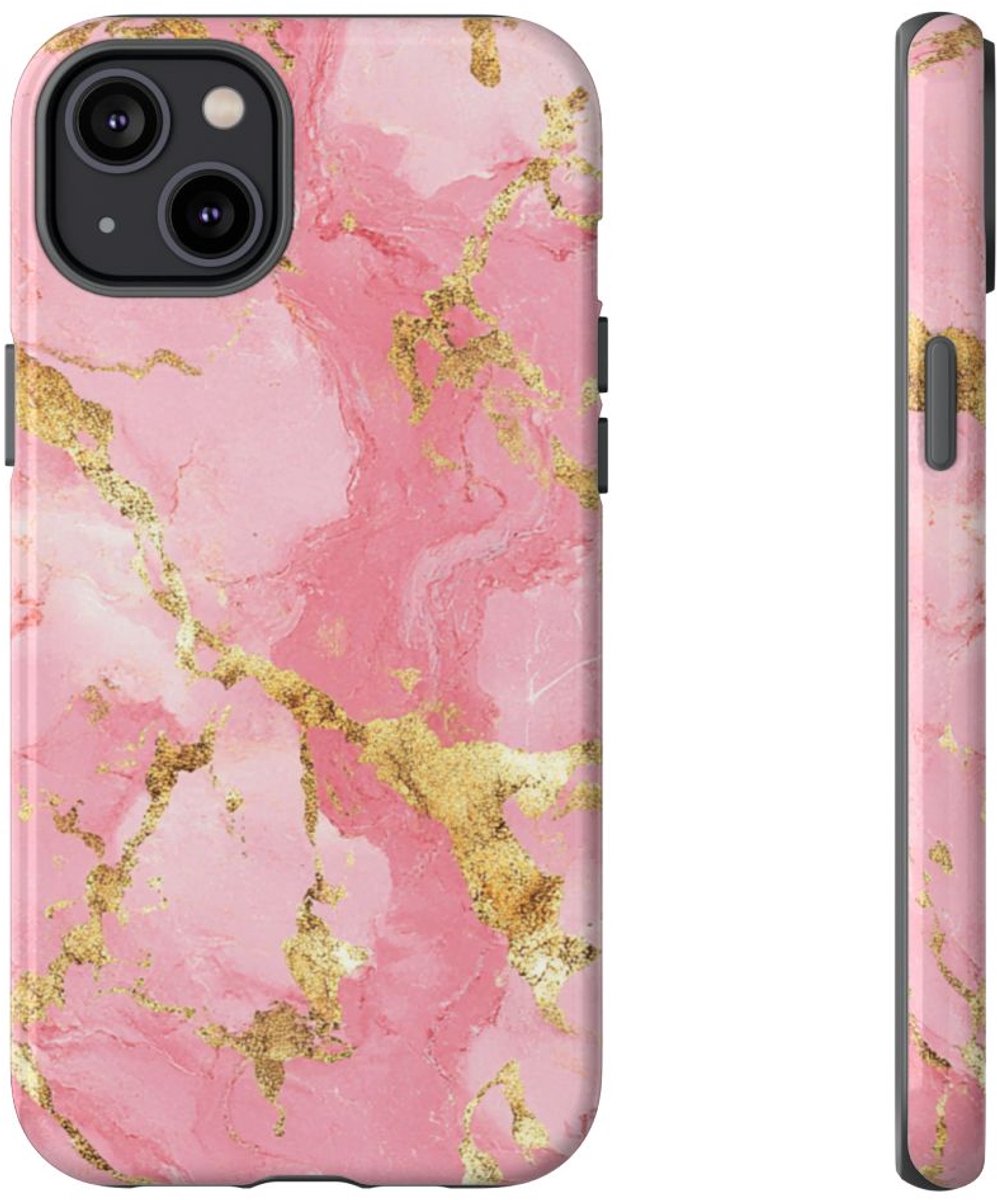 Roze en Gouden Marmerstructuur – Telefoonhoesje Geschikt voor iPhone 14 Plus
