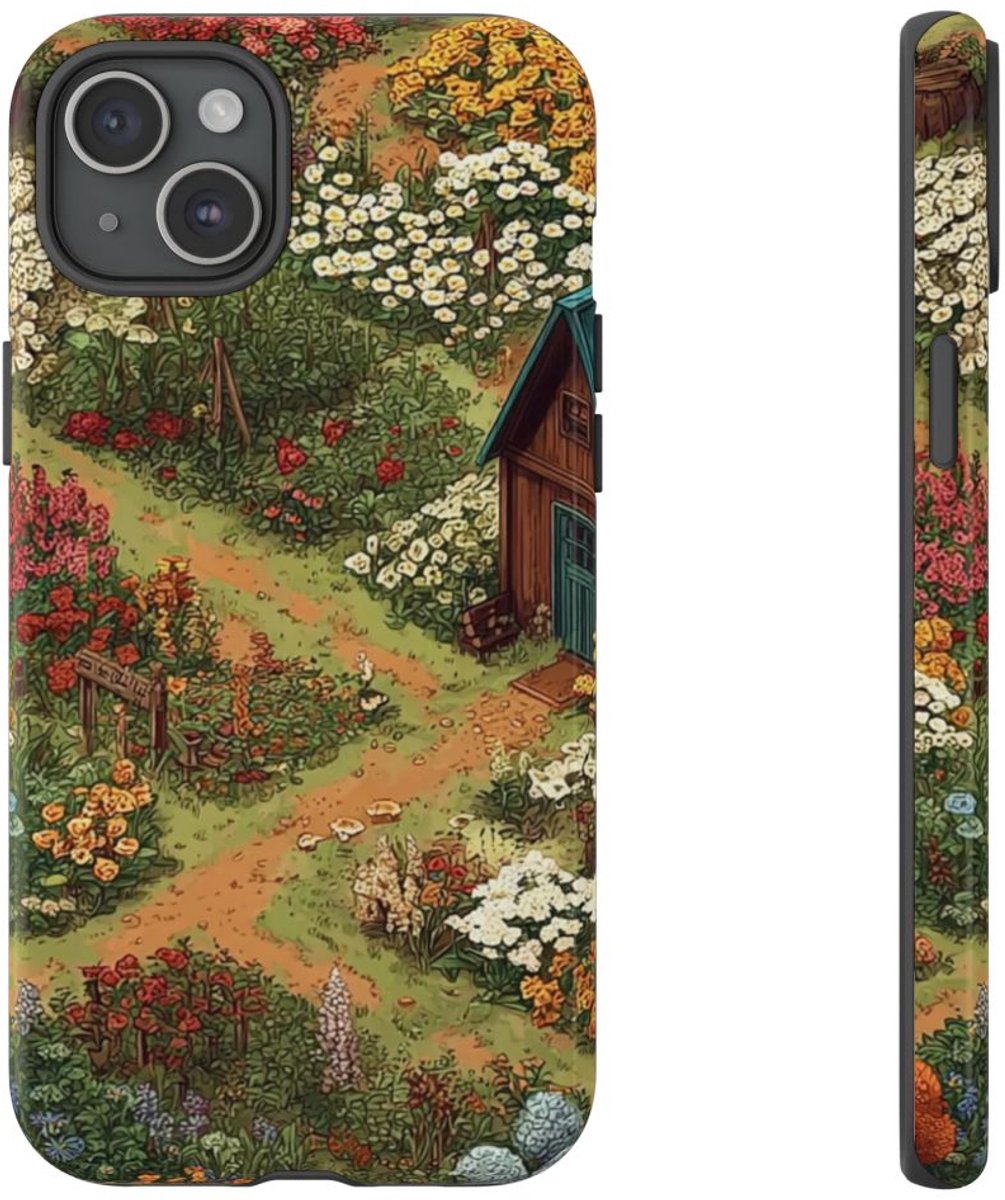Kleurrijke Bloementuin met Huisje – Telefoonhoesje Geschikt voor iPhone 15 Plus