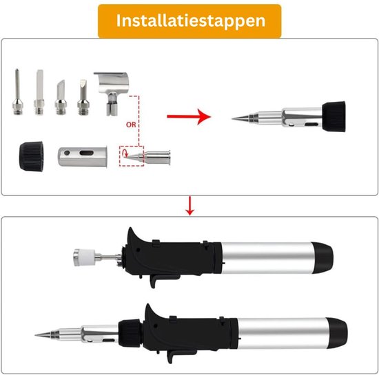 Illustratie van de installatiestappen voor een soldeerbout met verwisselbare tips.