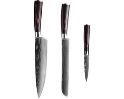 Dastium Home - 3 Delige Damascus Messenset - Damascus Stijl Japanse Keukenmessen - Messen Met Damascus Print - Met Ergonomisch Pakkahouten Handvat - Koksmes - Broodmes - Schilmes