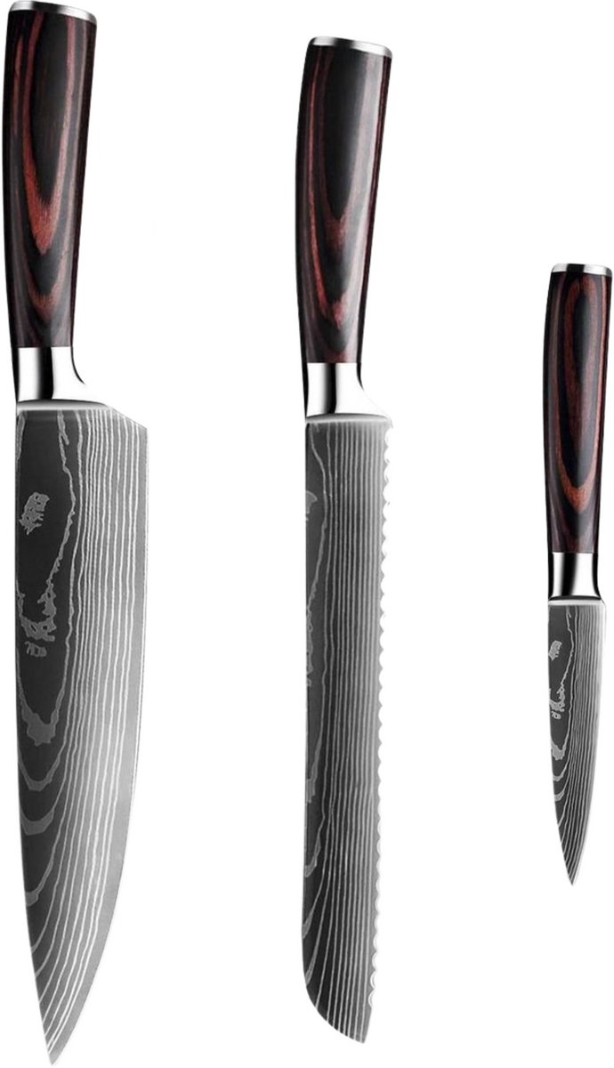 Dastium Home - 3 Delige Damascus Messenset - Damascus Stijl Japanse Keukenmessen - Messen Met Damascus Print - Met Ergonomisch Pakkahouten Handvat - Koksmes - Broodmes - Schilmes