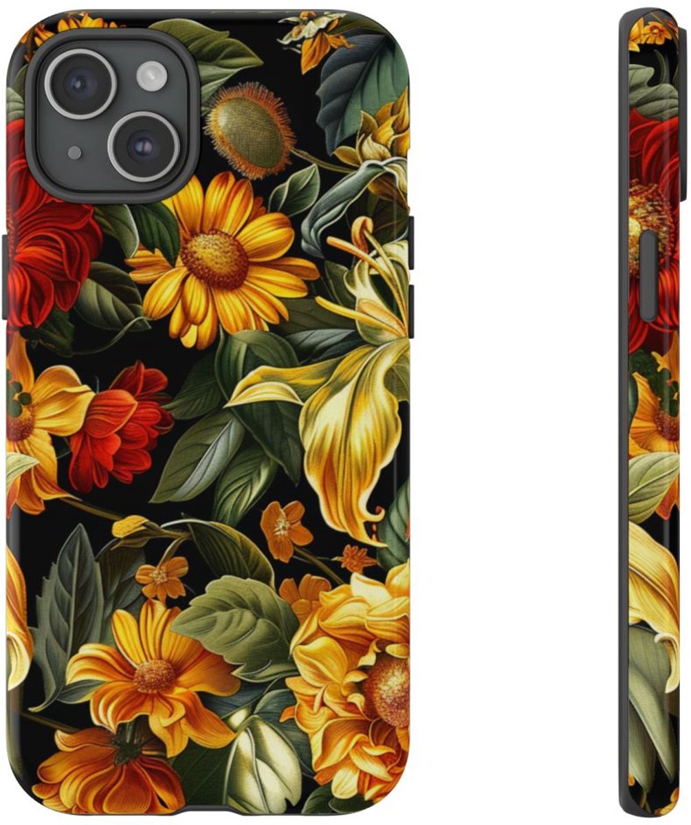 Vrolijk Gele en Rode Bloemenprint – Telefoonhoesje Geschikt voor iPhone 15 Plus