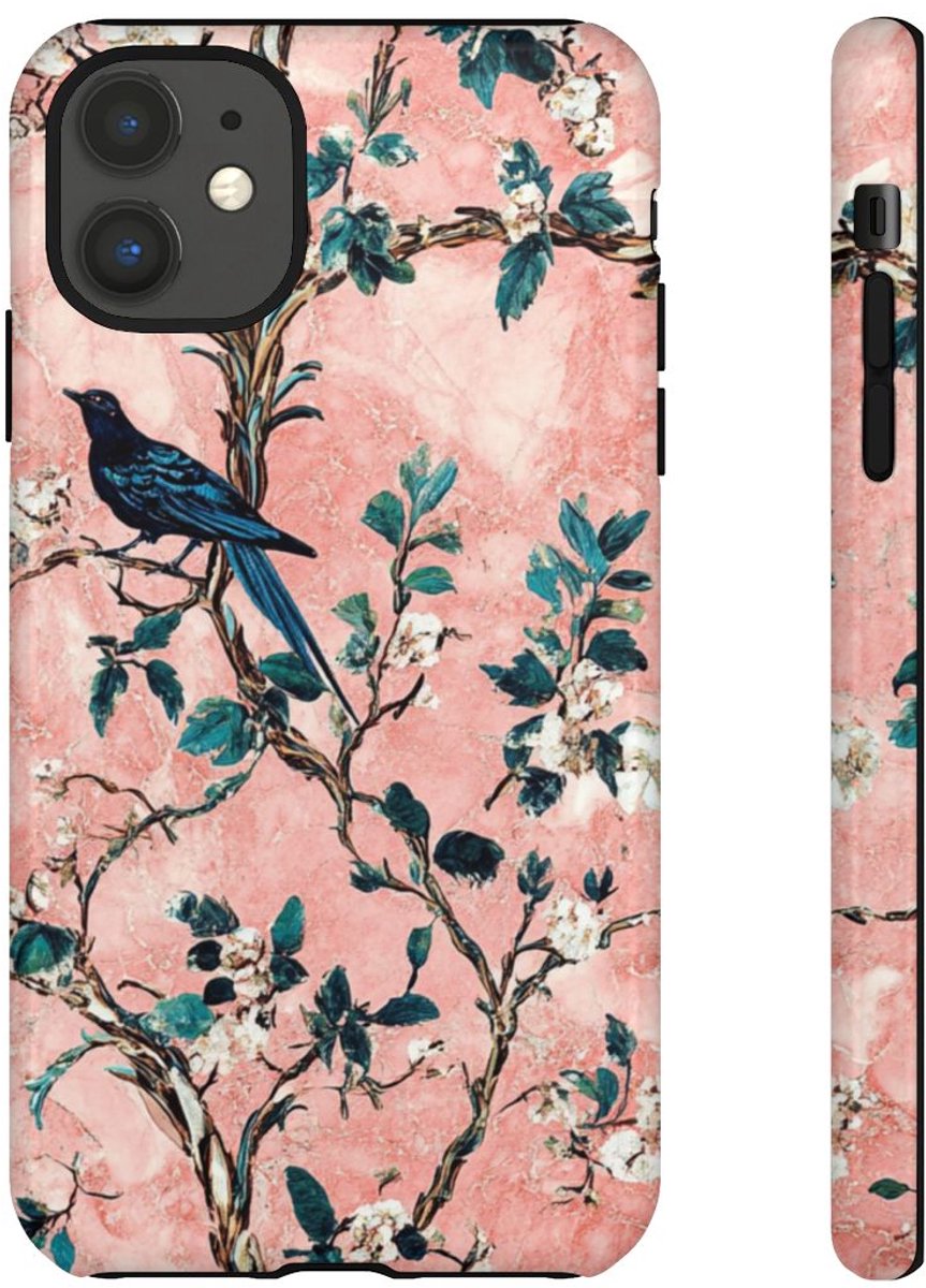 Exotische Vogels en Bloemen op Roze Marmer – Telefoonhoesje Geschikt voor iPhone 11
