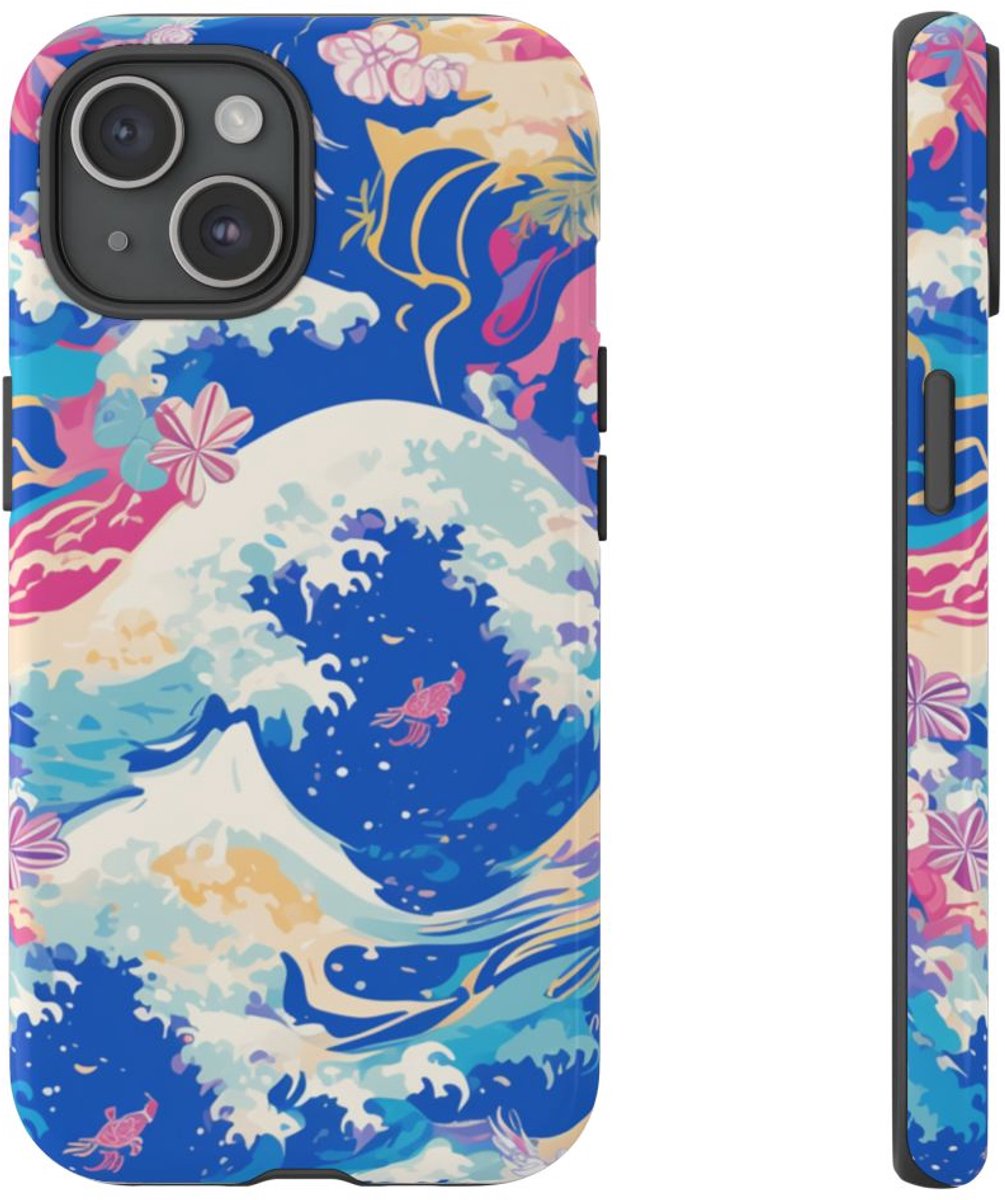 Kleurrijke Oceaangolven en Bloemenpatroon – Telefoonhoesje Geschikt voor iPhone 15