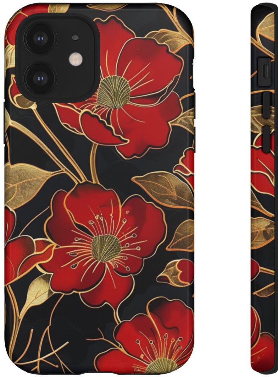 Rood-Gouden Bloemenpatroon – Telefoonhoesje Geschikt voor iPhone 12