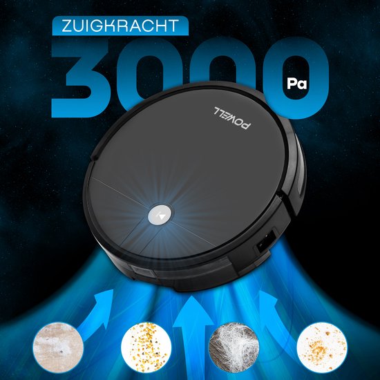 Zwarte robotstofzuiger met Powell-logo, met blauwe stralen die 3000 Pa zuigkracht en vuilopname tonen.