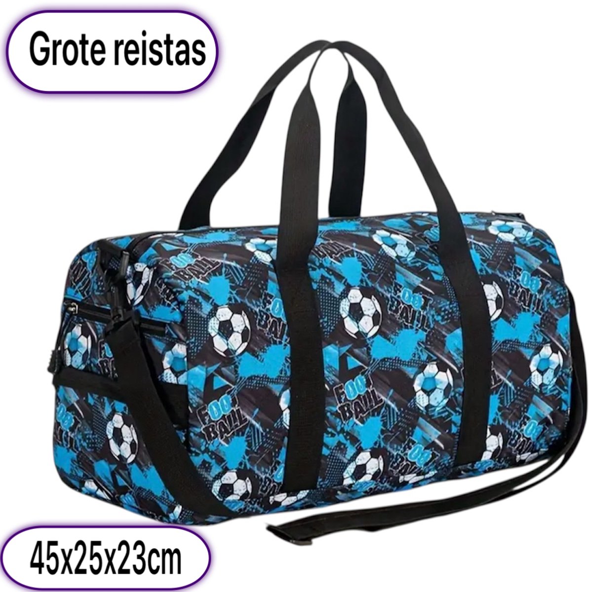 Twenty Two Grote reistas | met verstelbare riem | grote capaciteit | opvouwbaar | tas voor reizen-sport-fitness-voetbal | weekendtas met ritssluiting | handbagage tas | duffel tas | reistas met voetbal print |45x23x25cm| voor jongens | blauw/zwart