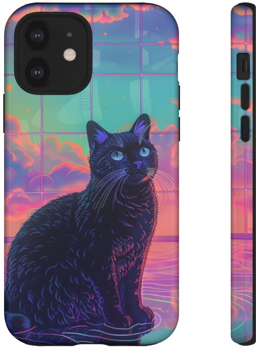 Zwarte Kat met Neonlucht Reflectie – Telefoonhoesje Geschikt voor iPhone 12