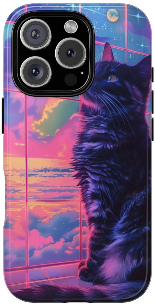 Lofi Vaporwave Kat met Neonlucht – Telefoonhoesje Geschikt voor iPhone 16 Pro