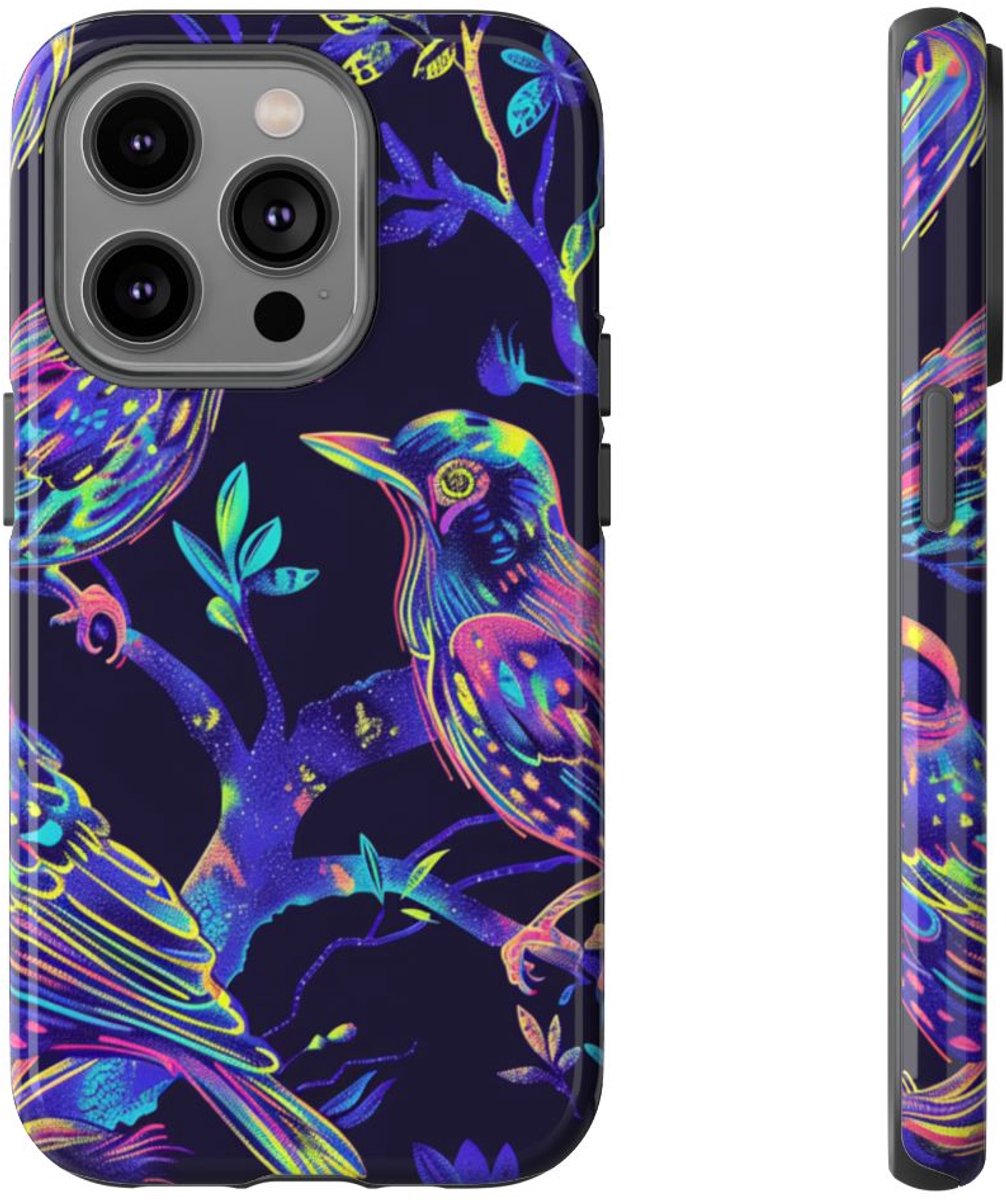 Neonkleurige Vogels op Takken – Telefoonhoesje Geschikt voor iPhone 14 Pro
