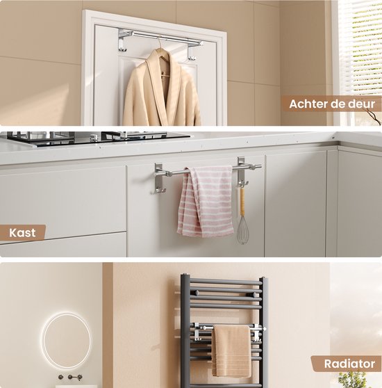 EMKE Dubbele Handdoekhouder , Badkamer Boven De Deur Hangend Handdoekenrek Met Haken, Roestvrijstalen Gootsteenhanddoekhouder Met Grote Ruimte Voor Keuken, Toilet, Hotel, Doucheruimte, Chroom Handdoekenrek Keukenkast
