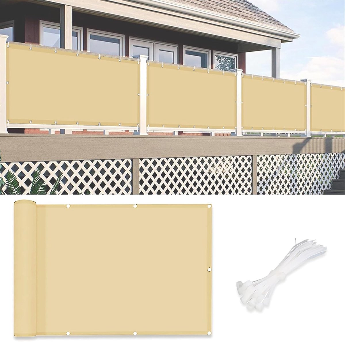 Balkonscherm - beige 90 x 300 cm , Waterdicht, UV-bescherming, Privacybescherming voor balkonleuningen, Studio balkon privacy scherm schutting hoes waterdicht, voor appartementen en achtertuinterrassen, balkons, zwembaden - Cyslmuk