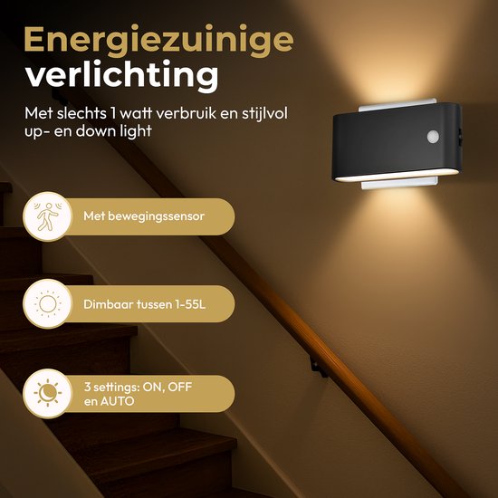 Zwarte stekkerlamp op een trapleuning, met bewegingssensor en instelbaar van 1-55 lumen. Drie standen: aan, uit en auto.