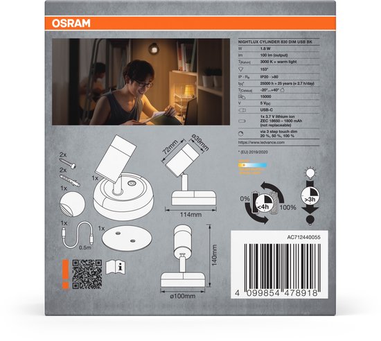 OSRAM Nightlux LED-lamp Cilinder zwart, 3000 K, met batterij en touch-dimmer, magnetisch, ideaal voor plankverlichting of als nachtlampje van Merkloos — afbeelding 4