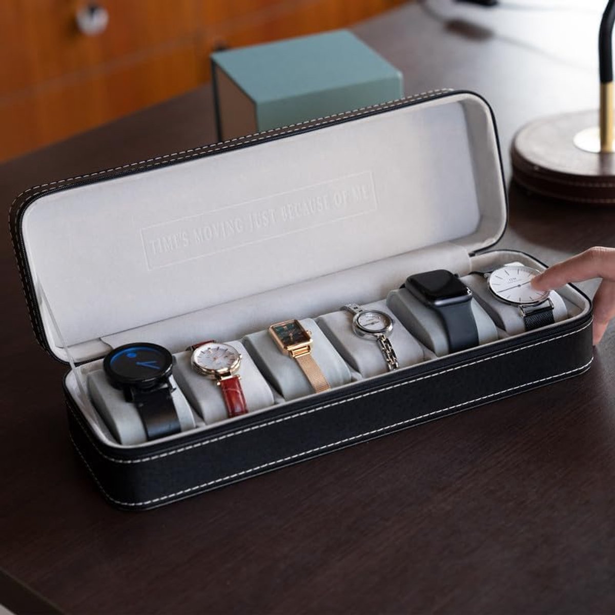 OSVINO Horlogebox 6 Horloges Heren Zwarte Horlogekast Horlogekussen Gemaakt van Fluweel, Reis Sieradendoos Horloge Opbergdoos Met Ritssluiting Gemaakt van PU Leer