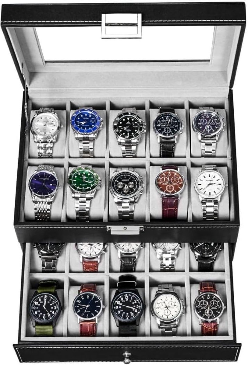 BEWISHOME Horlogebox voor 20 horloges, herenhorlogekast, 2-laags horlogeopslag, heren- en dameshorlogebox, metalen scharnier, zwart PU-leer, glazen bovenkant, grote houder, ESSH04B