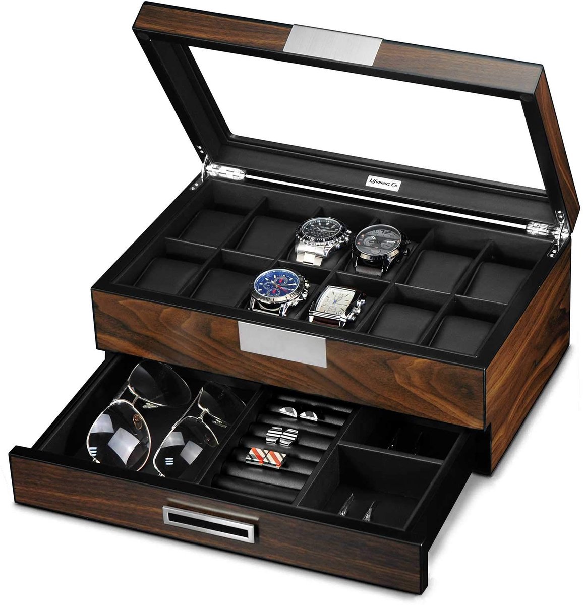 Lifomenz Co Houten Horlogedoos met Lade, 12 Compartimenten, Horlogevitrine, Grote Horloges, Accessoire Organizer met Echt Glazen Venster, Walnoot