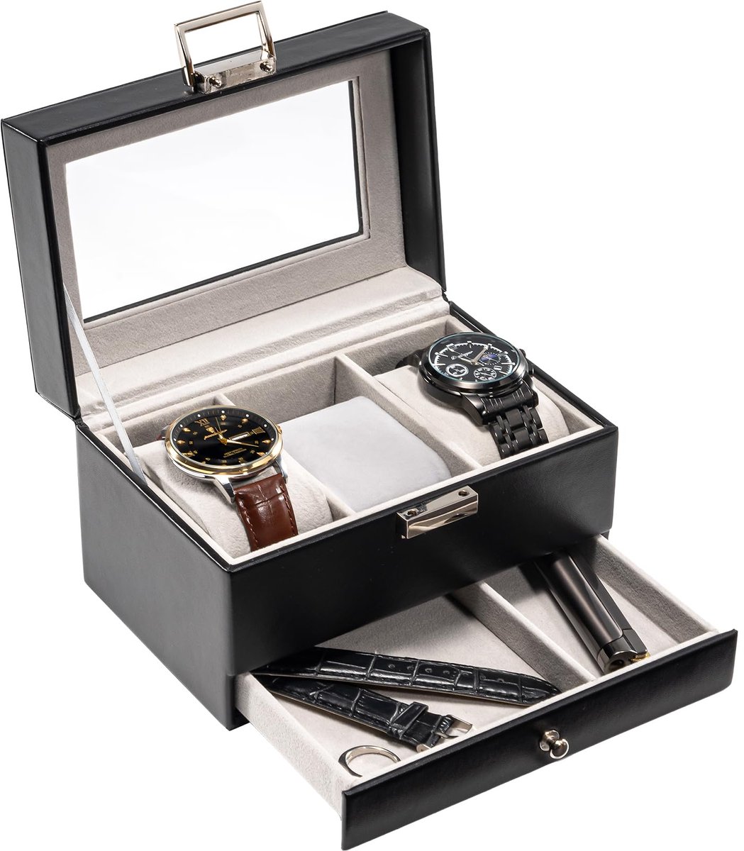 ProCase horlogebox met 3 compartimenten, horlogebox met glazen deksel, horlogekast met uitneembare horlogekussentjes, horlogebox - zwart