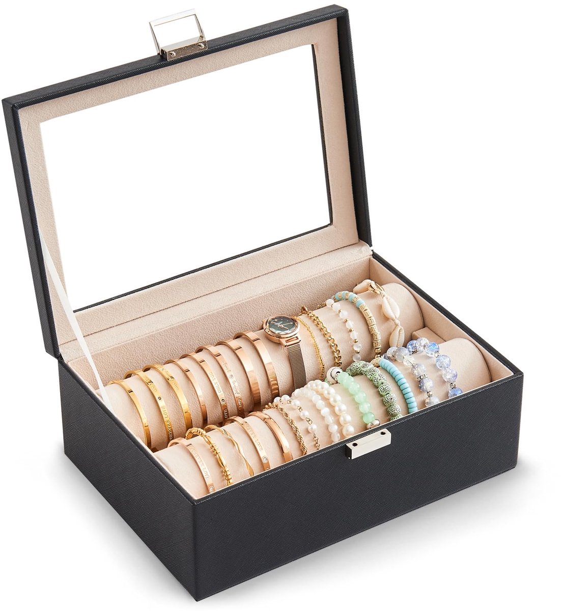 Lolalet Armbandorganizer, Armbanddisplay Sieradendoos Opbergdoos met Wielen voor Armbanden Horloges, Transparante Dekselhouder voor Vrouwen Meisjes - Zwart