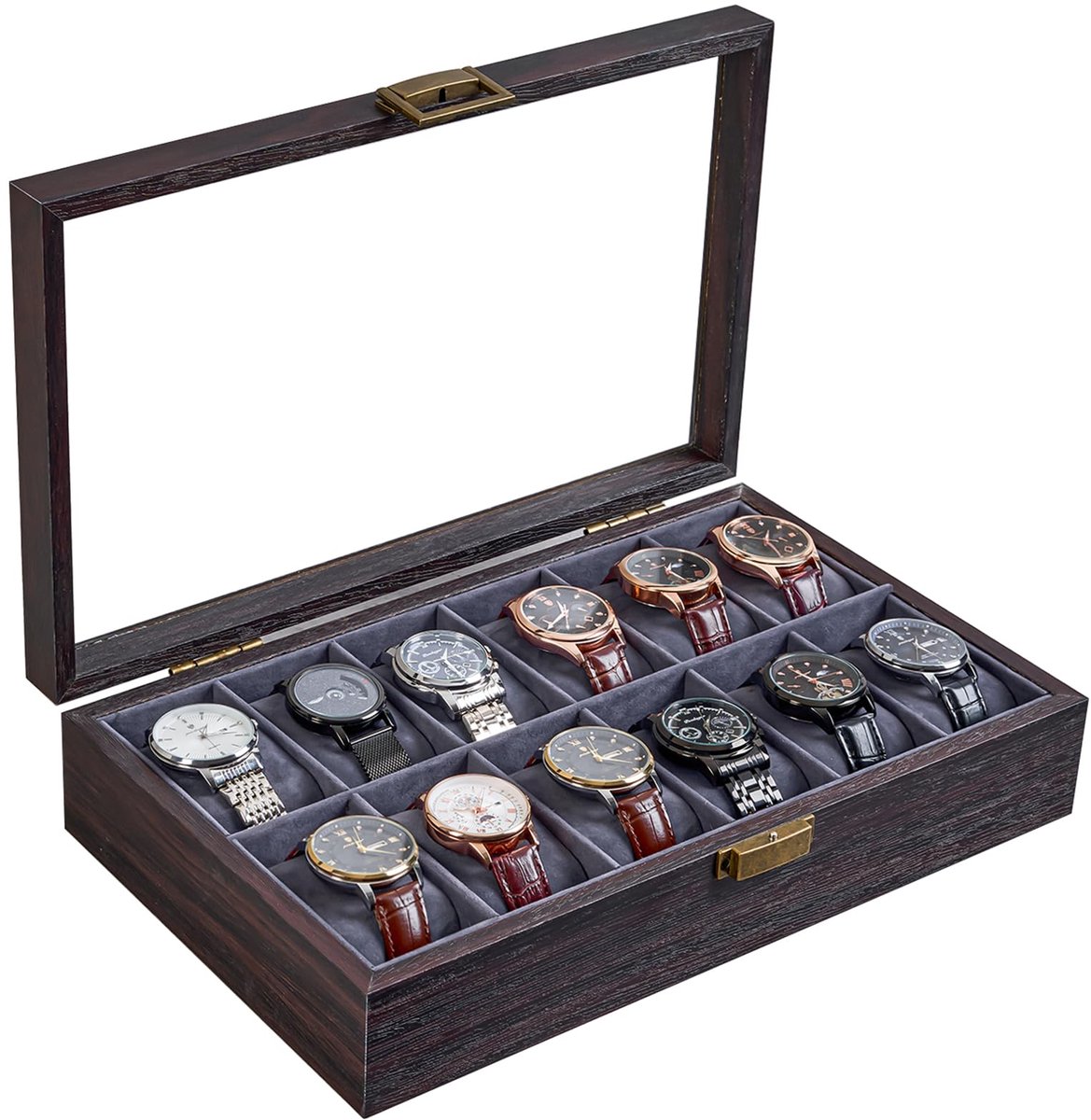 ProCase 12 Slots Horlogebox, Houten Horlogekast, Horlogekussen voor Heren, Horlogebox, Horloge Opbergruimte, Horloge Organisatie, Horlogekast, Horlogebox voor Heren - Espresso