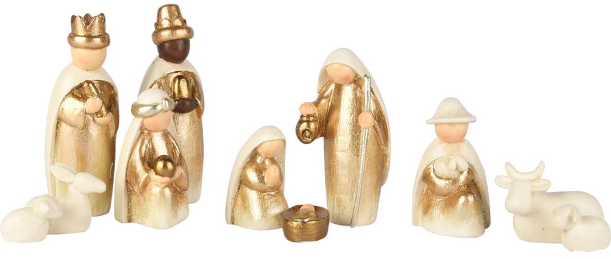 Dekoratief | Set 11 kerststalfiguren, wit/goud, resina, 5x11cm | A255719