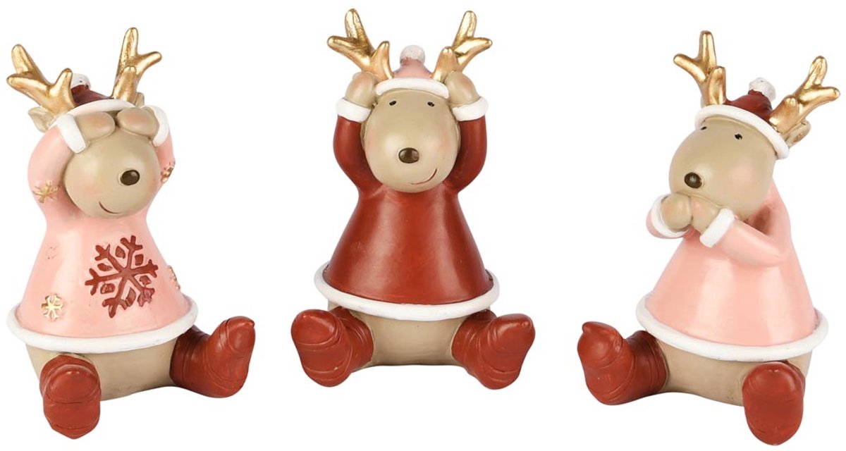 dekoratief Rendier horen/zien/zwijgen, rood/roze, resina, 6x6x9cm, set van 3 stuks | A255701