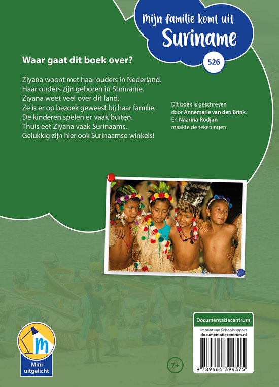 Boekcover met titel "Mijn familie komt uit Suriname". Kinderen poseren voor de foto.