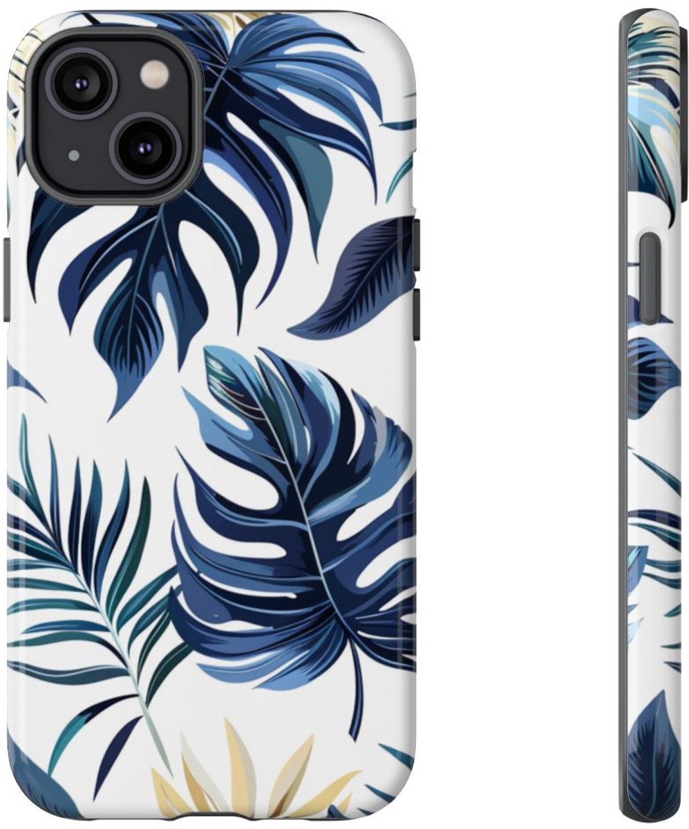 Blauwe Tropische Bladeren Patroon – Telefoonhoesje Geschikt voor iPhone 14 Plus